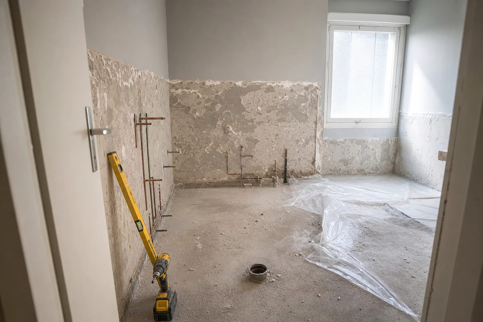 Bad in Demolition-Phase 1 — gleiche Bath-Perspektive wie Phase 2+3, exposed copper water pipes aus stripped walls, bare Beton-Subfloor mit Schutzfolie, Werkzeug, KEINE Personen — fachlich korrekt Schweizer Sanitär-Demontage