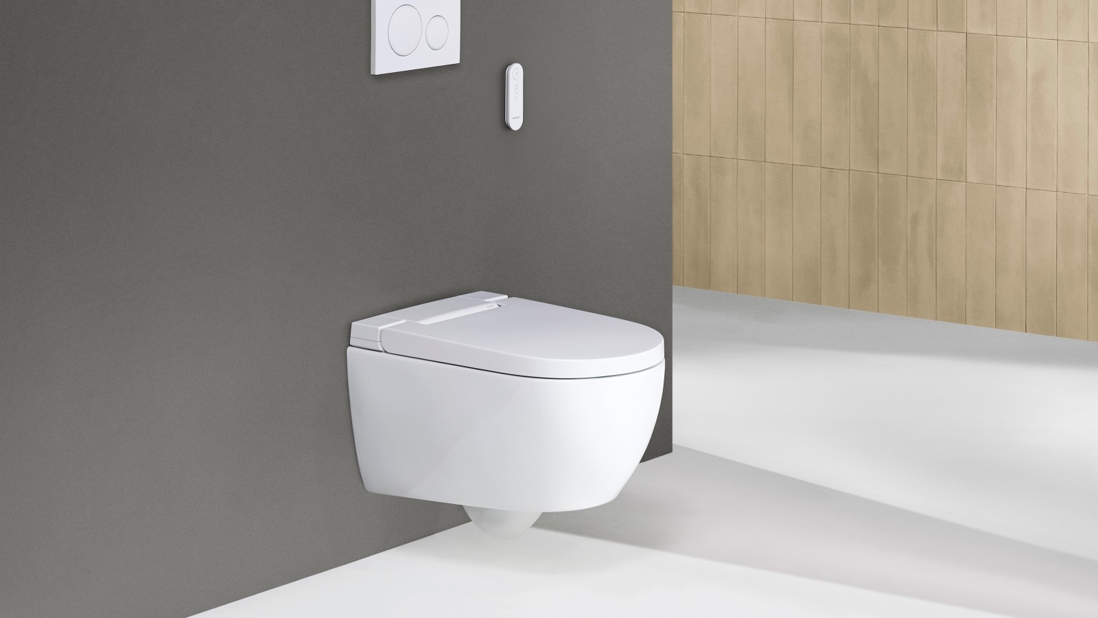 Geberit AquaClean Alba Dusch-WC an einer dunkelgrauen Wand neben heller Holzverkleidung